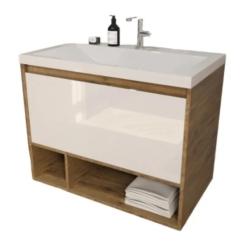 Тумба с раковиной Эстет Monaco Wood 80, 798х607х476 мм, подвесная, 1 выдвижной ящик/открытые полки, ЛДСП/МДФ, прямоугольная, цвет: белый/дуб рустикальный/раковина Монако 80, прямоугольная, цвет белый