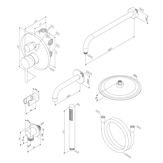 Душевая система Damixa Scandinavian Pure встраиваемая, цвет черный матовый, комплект: смеситель/излив/тропический душ круглый (с верхней лейкой)/лейка/шланг, латунь/ABS-пластик/ПВХ, скрытого монтажа 