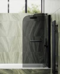 Душевая шторка на ванну MaybahGlass, 140х70 см, графитовое стекло/профиль черный, поворотная, закаленное стекло 6 мм, плоская/панель, правая/левая, правосторонняя/левосторонняя, универсальная