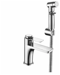 Смеситель для раковины/умывальника Rossinka с гигиеническим душем, однорычажный, термостатический, керамический, неповоротный, длина излива 107 мм, латунь, цвет хром