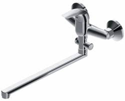 Смеситель для ванны/душа Dorff Stark однорычажный, керамический, настенный, излив поворотный 323 мм, с гибким шлангом/лейкой, латунь, хром