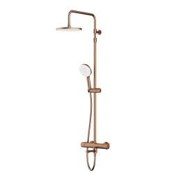 Душевая система AM.PM X-Joy, высота 1460 мм, цвет розовое золото, комплект: термостатический смеситель с изливом/тропический душ (с верхней лейкой)/стойка/лейка/шланг, наружного монтажа