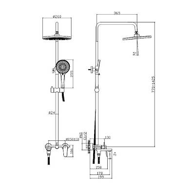 Душевая система Raglo R31.24 со смесителем, высота 770-1425 мм цвет хром, комплект: однорычажный смеситель/излив/тропический душ круглый (с верхней лейкой)/лейка/стойка/шланг, латунь