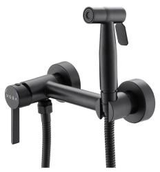 Смеситель с гигиеническим душем Voda Vessel настенный, однорычажный, керамический, без излива, с гибким шлангом/лейкой, нержавеющая сталь, цвет черный VSL02B