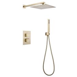 Душевая система ABBER Daheim, встраиваемая, цвет золото матовое, комплект: смеситель термостатический/тропический душ (с верхней лейкой)/лейка/шланг, внутренний (скрытый) монтаж