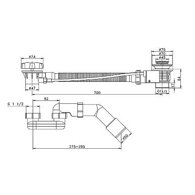Слив-перелив Raglo R600.30.09, для ванны, 600 мм, готовый набор, с сифоном, латунь/пластик, цвет графит, полуавтоматический с тросиком