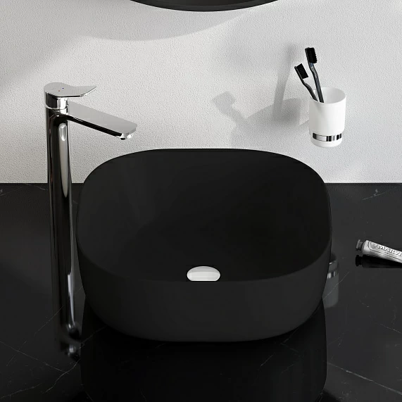 Раковина накладная 43 AM.PM Func 430х430х135 мм фарфоровая, квадратная, цвет черный матовый, без отверстия под смеситель, без слив-перелива