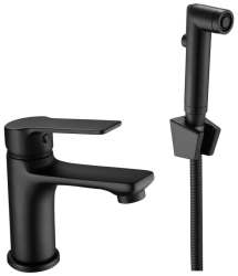 Смеситель Esko Singapore Black с гигиеническим душем/лейкой, однорычажный, излив короткий, длина 109 мм, керамический, латунь, цвет черный матовый, без донного клапана