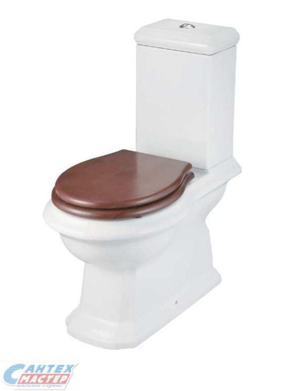 Унитаз компакт Creo Ceramique Rennes, БЕЛЫЙ, горизонтальный (прямой) выпуск, напольный, с микролифтом, с крышкой (сиденье) ДЕРЕВО, нижняя подводка воды, арматура