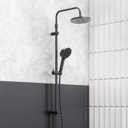 Душевой гарнитур Damixa Apollo высота 1055-1455 мм, цвет черный матовый, без смесителя, комплект: тропический душ (с верхней лейкой)/стойка/лейка/шланг, настенная, латунь/пластик