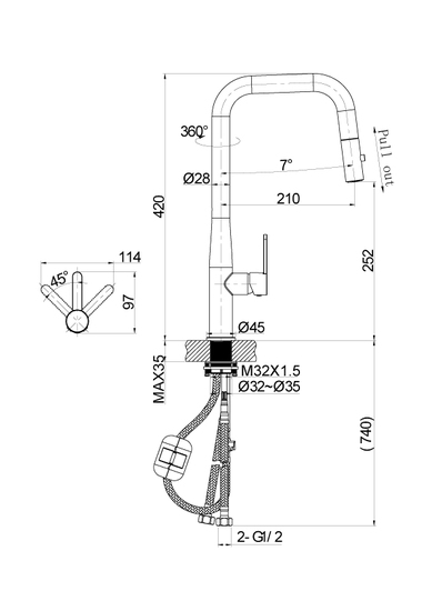 Смеситель для кухни/мойки Cersanit Oliva однорычажный, поворотный/ п-образный/выдвижной излив, керамический, высота 252 мм, длина 210 мм, нержавеющая сталь, цвет черный матовый
