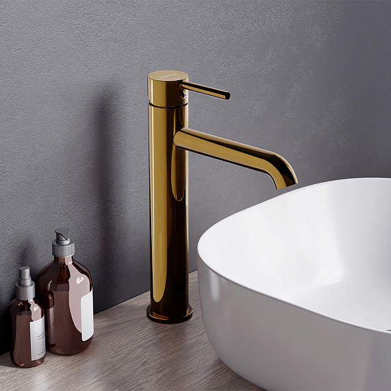 Смеситель для раковины/умывальника Damixa Scandinavian Pure высокий, однорычажный, неповоротный, керамический, длина излива 170 мм, латунь, цвет золото