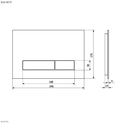 Кнопка смыва KK-POL Metal Slim прямоугольная, цвет графит, нержавеющая сталь, клавиша управления для сливного бачка, инсталляции унитаза, двойная, механическая, панель, универсальная, размер 245х175х14 мм
