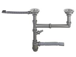 Сифон Ukinox 3 1/2" (90 мм) бутылочный, для мойки с 2 чашами, прямоугольный боковой перелив, с отводом для стиральной или посудомоечной машины, нержавеющая сталь/пластик