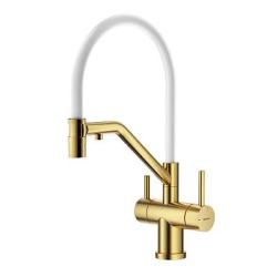 Смеситель для кухни/мойки Splenka S70.62.03 с подключением фильтра, однорычажный, поворотный/гибкий, керамический, излив 225 мм, высота излива 195 мм нержавеющая сталь/силикон, цвет золотой сатин/белый