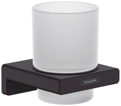 Стакан Hansgrohe AddStoris, с держателем, настенный, латунный/стеклянный, форма круглая, для зубных щеток в ванную/туалет/душевую кабину, цвет матовый черный