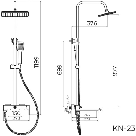 Душевая система Knotlor Stable, высота 1200 мм, цвет белый матовый, комплект: однорычажный смеситель/излив/тропический душ (с верхней лейкой)/стойка/лейка/шланг, наружного монтажа