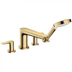 Смеситель для ванны Hansgrohe Talis E на борт ванны двухрычажный, неповоротный, латунный, длина излива 19,6 см, керамический, цвет полированное золото, с душевым шлангом 160 см, с лейкой, на 4 отверстия
