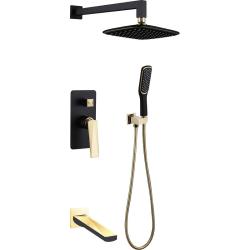 Душевая система Boheme Venturo, встраиваемая, цвет черный/золото, комплект: однорычажный, смеситель/излив/тропический душ (с верхней лейкой)/лейка/шланг, встраиваемый (скрытый) монтаж