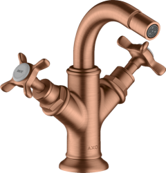 Смеситель для биде Axor Montreux двухвентильный, с крестообразными рукоятками, керамический, фиксированный излив, длина 10,4 см, латунь, цвет шлифованное красное золото, без шланга/лейки, с донным клапаном