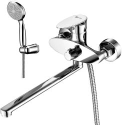 Смеситель для ванны Lemark Nero универсальный, поворотный, однорычажный, настенный, керамический, с плоским длинным изливом 30 см, с гибким шлангом 150 см, 1-функциональная лейка-диаметр 100 мм, латунь, покрытие хром, цвет хром