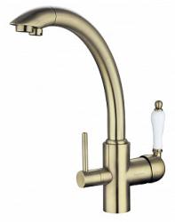 Смеситель для кухни/мойки Flortek Шале FK (PVD), с подключением фильтра питьевой воды/биканальный, однорычажный, керамический картридж, с поворотным изливом, высокий, длина излива 222 мм, латунь, цвет бронза