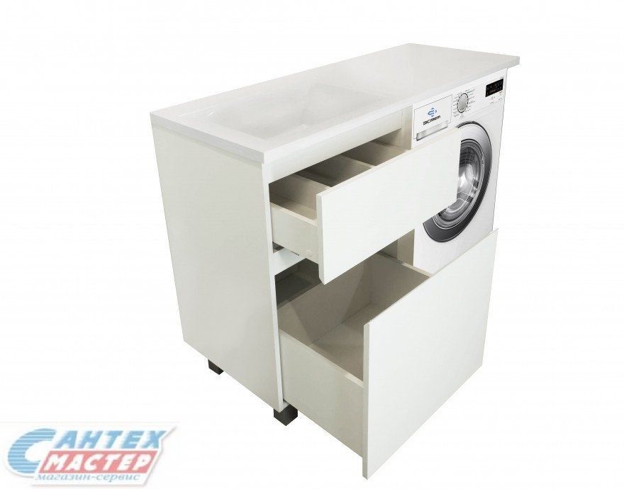 Тумба ESTET LUX Эстет Dallas Luxe 110х48.2 см, с раковиной столешницей над стиральной машиной, с левым крылом, напольная, 2 ящика, прямоугольная, литьевой мрамор, цвет белый, без отверстия под смеситель
