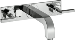 Смеситель для раковины Axor Citterio на 3 отверстия, двухвентильный, с рычаговыми рукоятками, настенный, скрытого монтажа, фиксированный излив, длина излива 22,6 см, керамический, латунь, цвет хром, с панелью