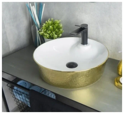 Раковина для ванной CeramaLux NC D1306H025 45х14х45 накладная, круглая, керамическая/фарфоровая, цвет белый/золото, с отверстием под смеситель, без слива-перелива