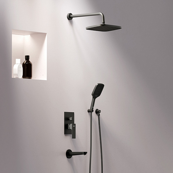 Душевая система Damixa Gala встраиваемая, цвет черный матовый, комплект: смеситель/излив/тропический душ прямоугольный (с верхней лейкой)/лейка/шланг, латунь/ABS-пластик/ПВХ, скрытого монтажа 