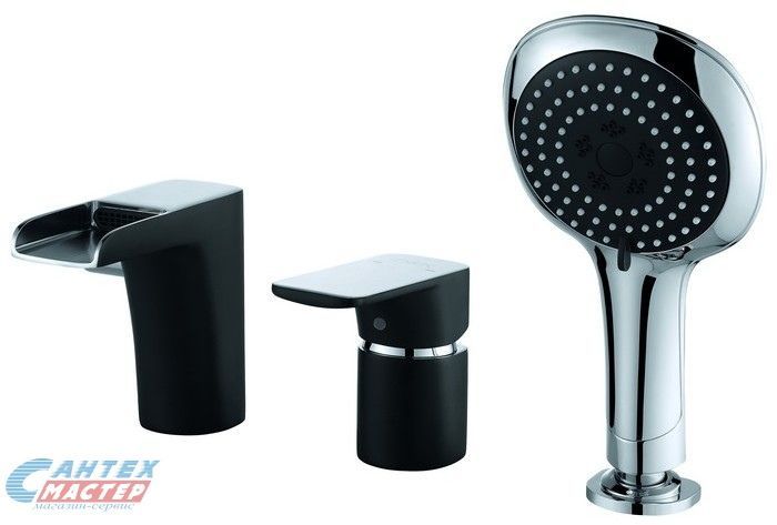Смеситель для ванны/душа D&K Berlin Technische однорычажный, черный керамический, врезной, излив короткий литой 104 мм, с гибким шлангом, с черным душем/лейкой, латунь хром, горизонтальный, фиксированный, однорукий, кран, комплект, сантехника
