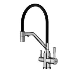 Смеситель для кухни/мойки Raglo R81.62.05 однорычажный, поворотный, керамический картридж, с подключением фильтра, гибкий излив, длина излива 225 мм, нержавеющая сталь/силикон, цвет сатин/черный