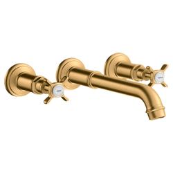 Смеситель для раковины Axor Montreux, на 3 отверстия, двухвентильный, с крестообразными рукоятками, скрытого монтажа, настенный, фиксированный излив, длина излива 16,5-22,5 см, керамический, латунь, цвет шлифованная медь, незапираемый сливной набор