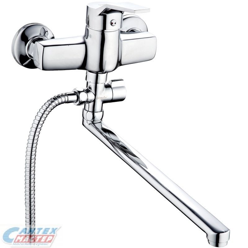 Смеситель для ванны/душа G-lauf однорычажный, керамический, настенный, излив поворотный 321 мм, с гибким шлангом, душем/лейкой, латунь, цвет хром, длинный, универсальный, горизонтальный, рычажный, кран, комплект, сантехника, размер, характеристики