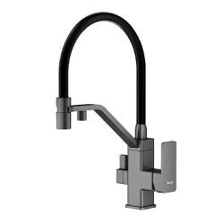 Смеситель для кухни/мойки Raglo R85.62.09 однорычажный, поворотный, керамический картридж, с подключением фильтра, гибкий излив, длина излива 230 мм, латунь/силикон, цвет графит/черный