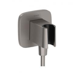 Шланговое подсоединение Hansgrohe HG FixFit Q размер 9х9 см, цвет шлифованный черный хром, квадратное, держатель душевой лейки, встроенный обратный клапан с подключением для душевого шланга, декоративная накладка, резьбовое соединение, настенное