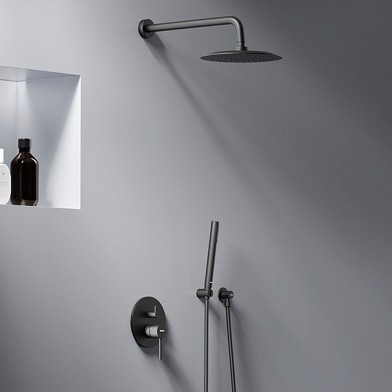 Душевая система Damixa Scandinavian Pure встраиваемая, цвет черный матовый, комплект: смеситель/тропический душ круглый (с верхней лейкой)/лейка/шланг, латунь/ABS-пластик/ПВХ, скрытого монтажа 