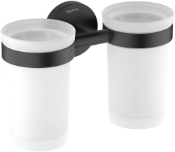 Стакан с держателем Aquatek Европа двойной, с держателем, настенный, латунь/стекло/нержавеющая сталь для зубных щеток в ванную/туалет/душевую кабину, цвет матовый черный