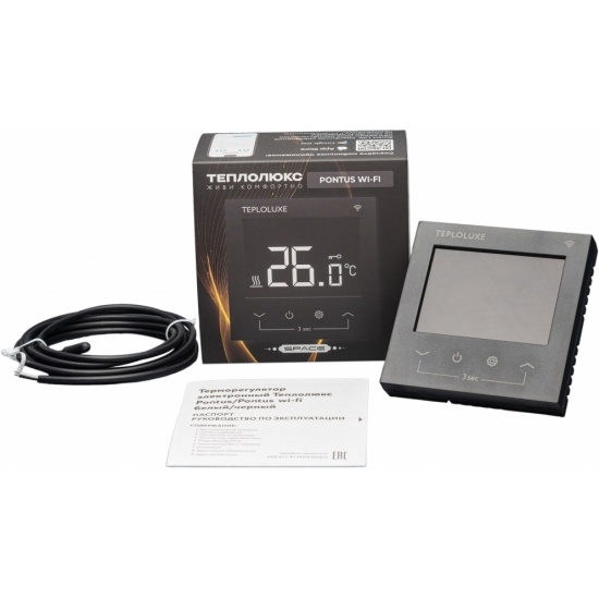 Терморегулятор электронный Теплолюкс Pontus Space WiFi 16 А (3,6 кВт), цвет черный, сенсорный, ЖК дисплей, для управления теплым полом 100037059600