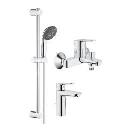 Комплект смесителей Grohe Start Edge 3 в 1, однорычажный смеситель для раковины/умывальника, ванны/душа, штанга с ручной лейкой, латунь, цвет хром 120210