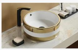 Раковина для ванной CeramaLux NC C1057 41,5х15,5х41,5 накладная, круглая, керамическая/фарфоровая, цвет белый/золото, без отверстия под смеситель, слив-перелив