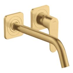 Смеситель для раковины Axor Citterio M, однорычажный, настенный/встраиваемый, скрытого монтажа, фиксированный, длина излива 22,7 см, керамический, латунь, цвет шлифованное золото, с отдельными розетками, незапираемый сливной набор