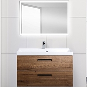 Тумба под раковину BelBagno Aurora 90, 90х45х50 см, подвесная, 2 выкатных ящика, ЛДСП, цвет: темный дуб, шкафчик навесной, механизм доводчика, прямоугольная