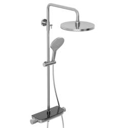 Душевая система Abelsberg Lineara с термостатом, высота 900−1300 мм цвет глянцевый хром, комплект: смеситель/полка для душа/тропический душ (с верхней лейкой)/лейка/стойка/шланг, латунь/ABS-пластик
