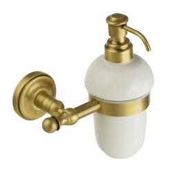 Дозатор жидкого мыла Migliore Mirella, настенный, керамика/латунь, форма округлая, для мыла в ванную/туалет/душевую кабину, цвет бронза/белый