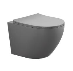 Унитаз подвесной Aquatek Европа, серый матовый, горизонтальный (в стену) выпуск, с быстросъемным сиденьем микролифт, дюропласт, безободковый, под скрытый бачок