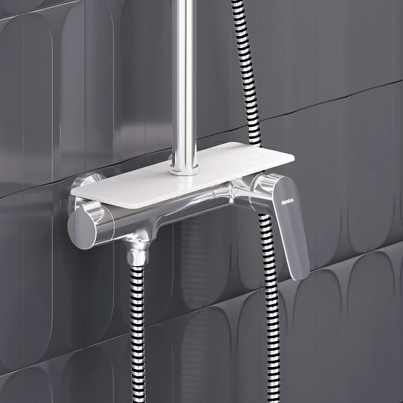 Душевая система Damixa Jupiter, высота 1050-1450 мм, цвет хром, комплект: смеситель-полка/тропический душ круглый (с верхней лейкой)/стойка/лейка/шланг, латунь/пластик