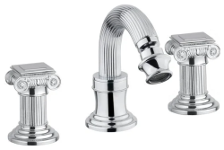 Смеситель для биде Cezares Olimp, на 3 отверстия, двухвентильный, низкий, длина излива 135 мм, неповоротный, керамический, латунь, цвет хром, с донным клапаном