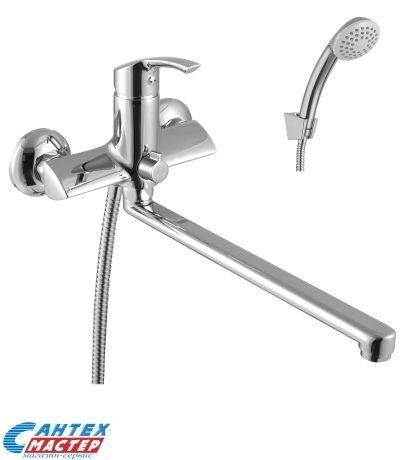 Смеситель для ванны/душа Lemark plus Strike однорычажный, керамический, настенный, излив поворотный 300 мм, с гибким шлангом, душем/лейкой, латунь, цвет хром, длинный, универсальный, горизонтальный, рычажный, кран, комплект, сантехника, размер