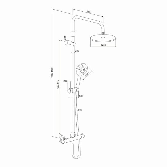 Душевая система Damixa Jupiter, высота 1030-1460 мм, цвет хром, комплект: термостатический смеситель/тропический душ круглый (с верхней лейкой)/стойка/лейка/шланг, латунь/пластик